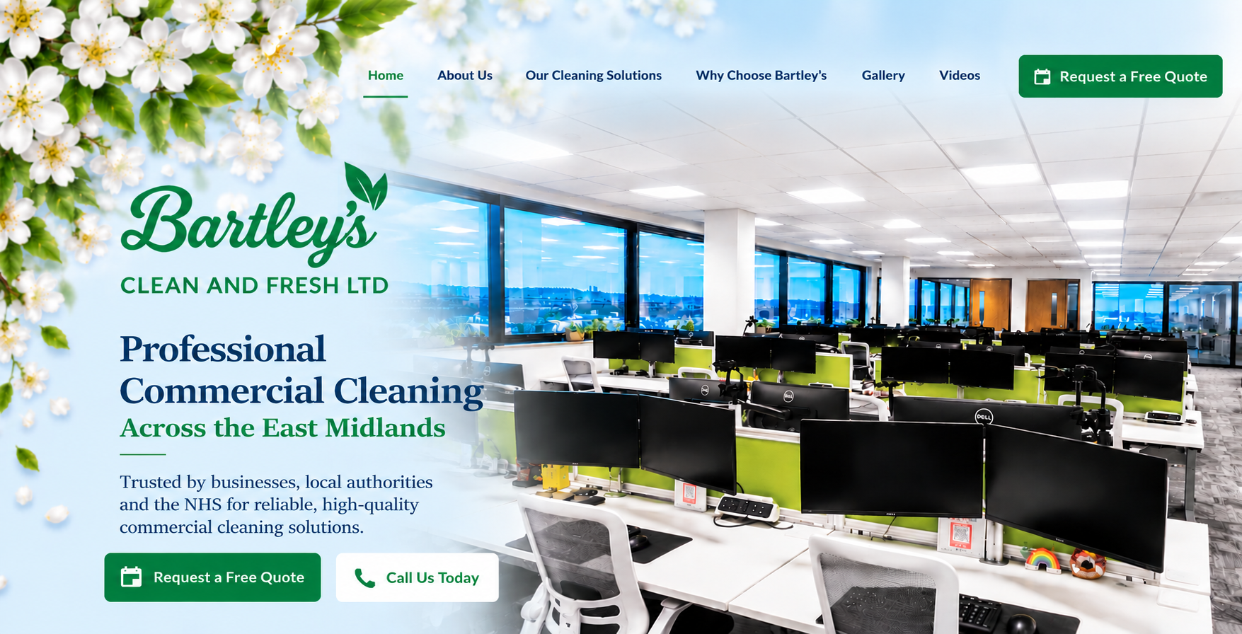 Bartley's Clean & Fresh Ltd — professional commercial cleaning across the East Midlands, pictured alongside a bright modern office